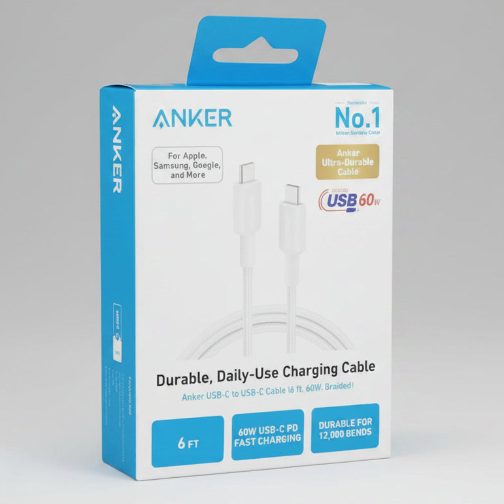 Anker USB-C charging cable retail packaging box, featuring a white and blue design with product details and compatibility icons for Apple, Samsung, and Google. الصورة الرئيسية