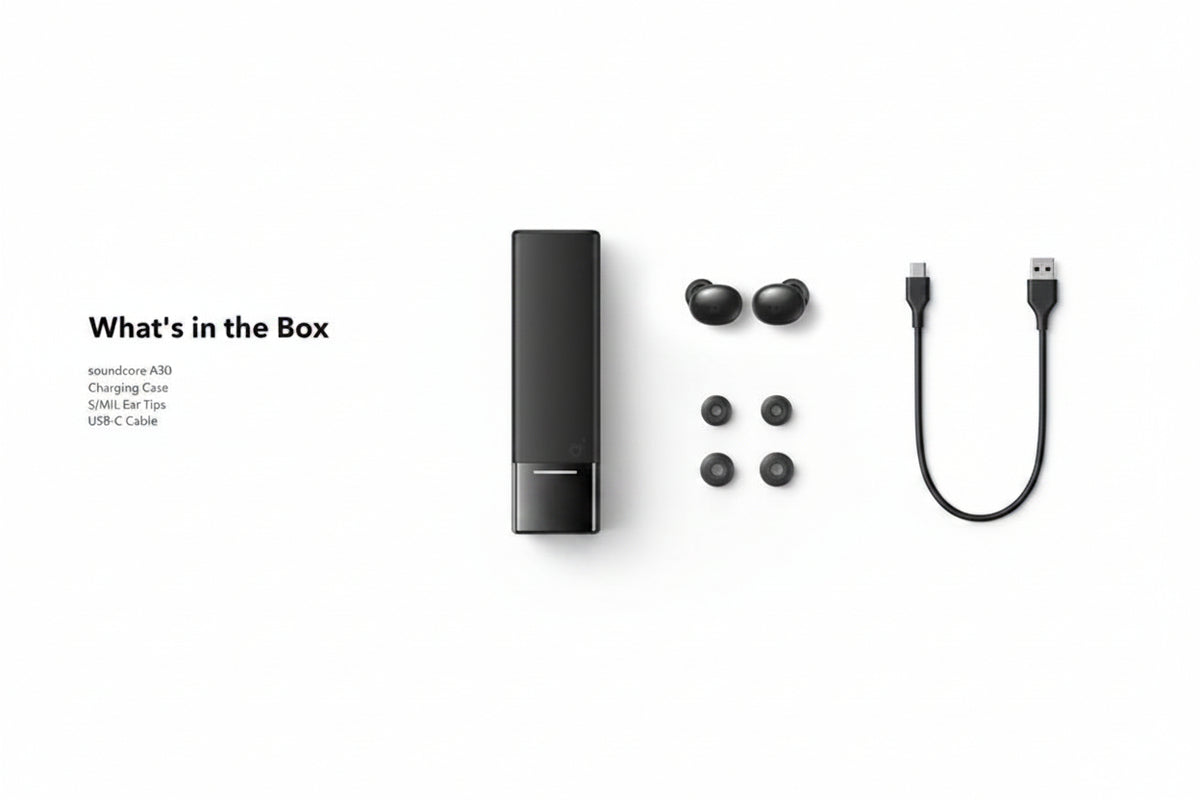 Product packaging with wireless earbuds, charging case, and USB-C cable on a white background. الصورة الرئيسية