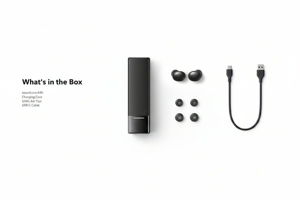 Product packaging with wireless earbuds, charging case, and USB-C cable on a white background.