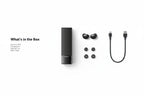 Product packaging with wireless earbuds, charging case, and USB-C cable on a white background.