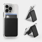 A clear smartphone case with a black magnetic card holder and stand, shown on a phone from multiple angles against a light gray background.