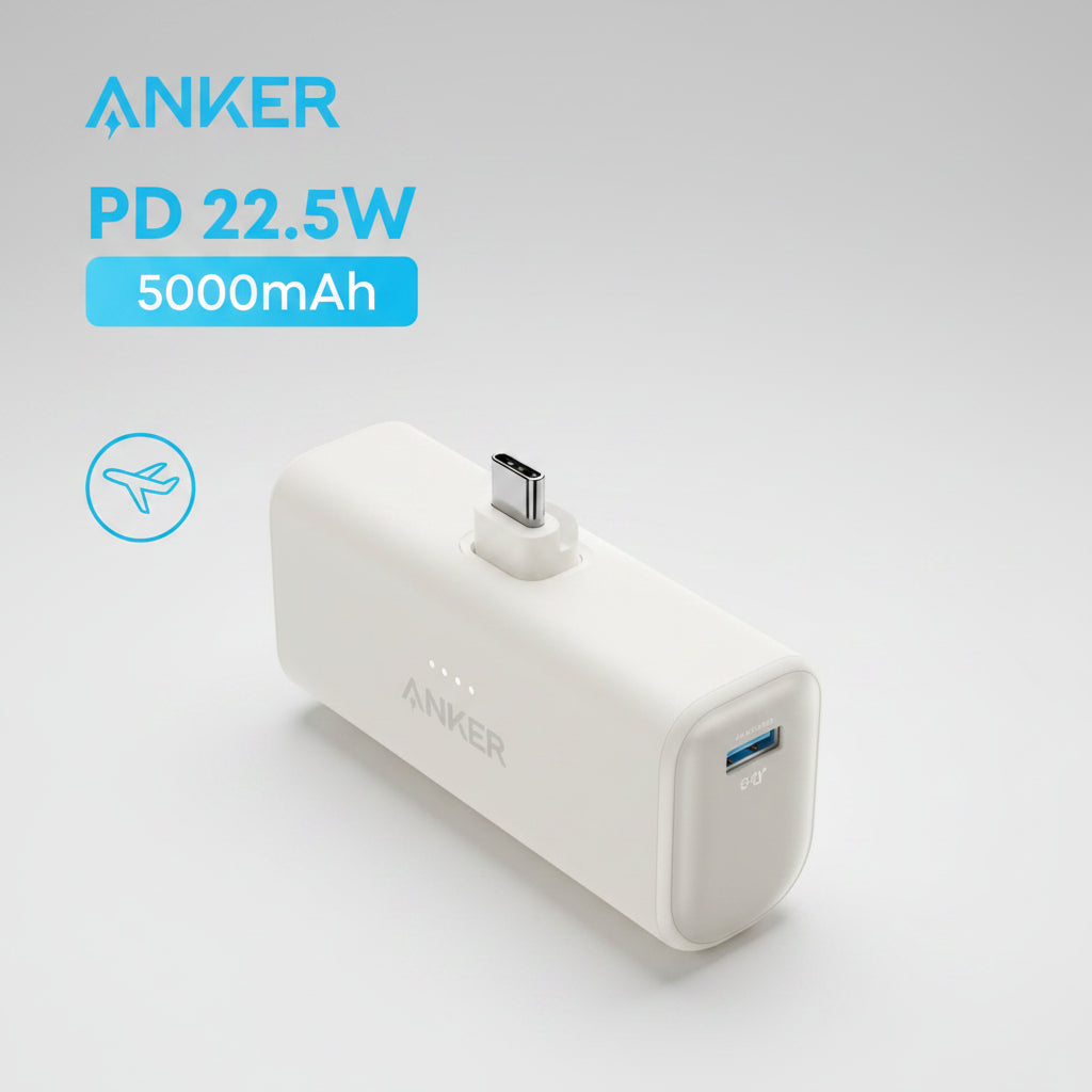 Anker foldable USB-C charger in white, featuring a 22.5W 5000mAh power adapter design and a USB-C connector, shown on a white background with blue text overlays.