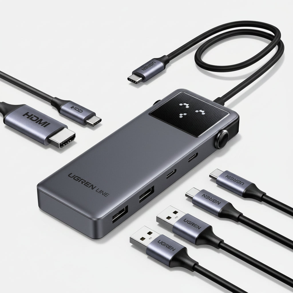 Ugreen USB-C hub with multiple cables on a white background الصورة الرئيسية