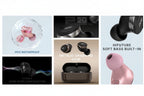 A 3x2 grid collage showcasing features of the JBL Tune2300 true wireless earbuds. The panels include: pink earbuds floating in water with 'IPX5 WATERPROOF' text, a close-up of a black JBL earbud with metallic silver trim, pink earbuds floating above a metallic charging case with 'METALLIC CHARGING CASE' text, black earbuds with wind noise cancellation waves and 'CVC8.