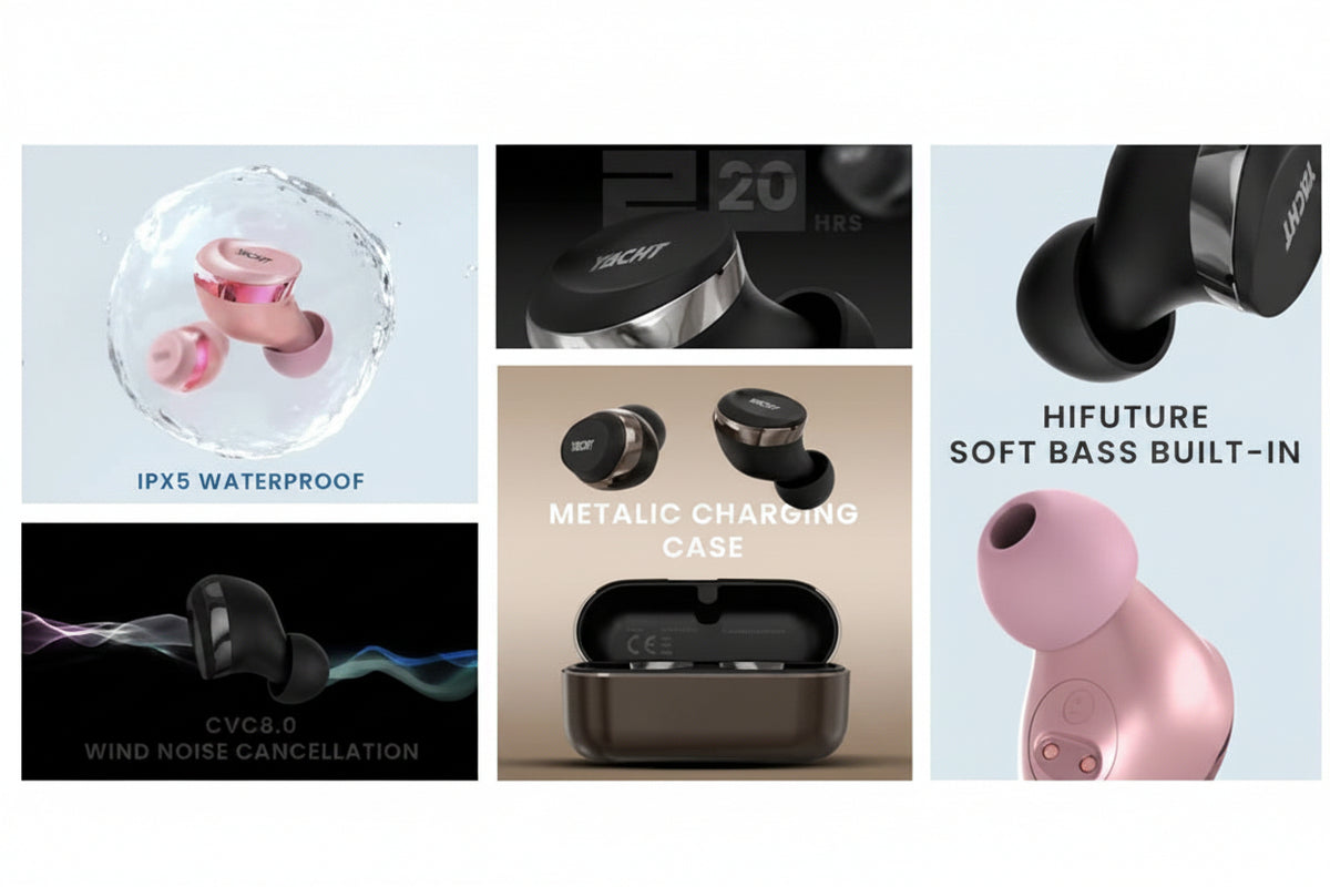 A 3x2 grid collage showcasing features of the JBL Tune2300 true wireless earbuds. The panels include: pink earbuds floating in water with 'IPX5 WATERPROOF' text, a close-up of a black JBL earbud with metallic silver trim, pink earbuds floating above a metallic charging case with 'METALLIC CHARGING CASE' text, black earbuds with wind noise cancellation waves and 'CVC8.