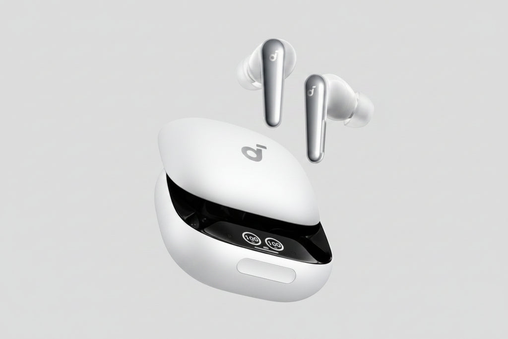 White wireless earbuds floating above an open matching charging case on a dark gray gradient background.