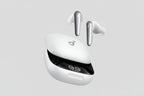 White wireless earbuds floating above an open matching charging case on a dark gray gradient background.