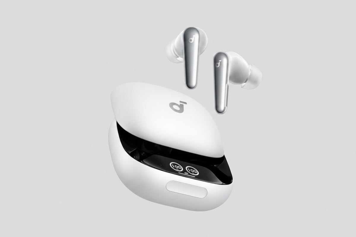 White wireless earbuds floating above an open matching charging case on a dark gray gradient background.