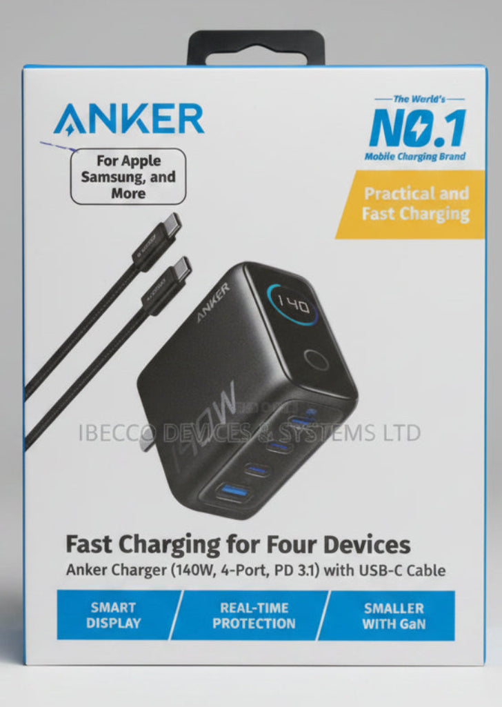 Anker 140W 4-port PD 3.1 fast charging wall charger box with USB-C cable, shown on a white background with product details and branding. الصورة الرئيسية