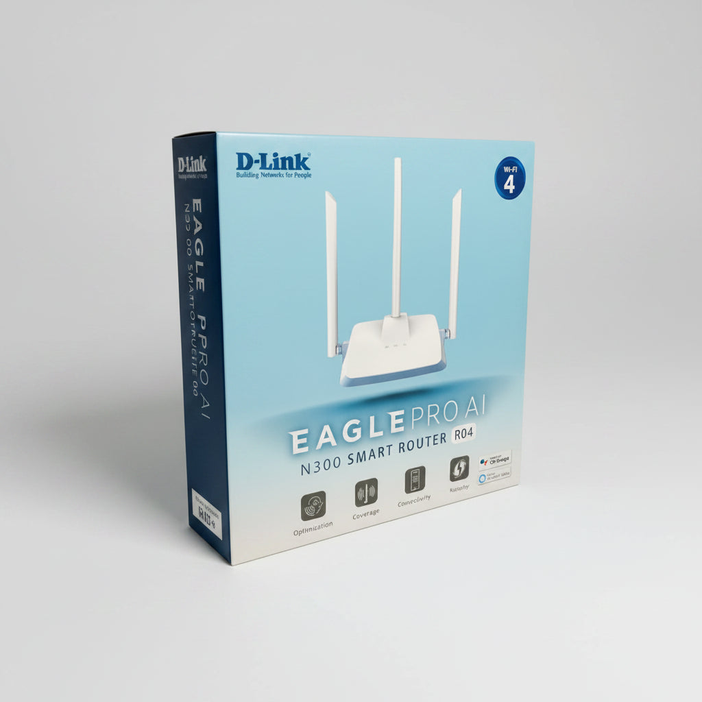 D-Link Eagle Pro AI N300 Smart Router R04 retail packaging box, featuring a light blue gradient design with an illustration of the four-antenna router.