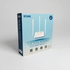D-Link Eagle Pro AI N300 Smart Router R04 retail packaging box, featuring a light blue gradient design with an illustration of the four-antenna router.