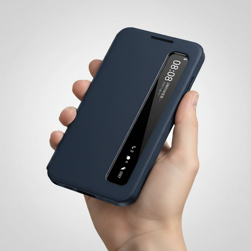 A dark blue phone case with a built-in front-facing display window, held in a hand against a plain white background.