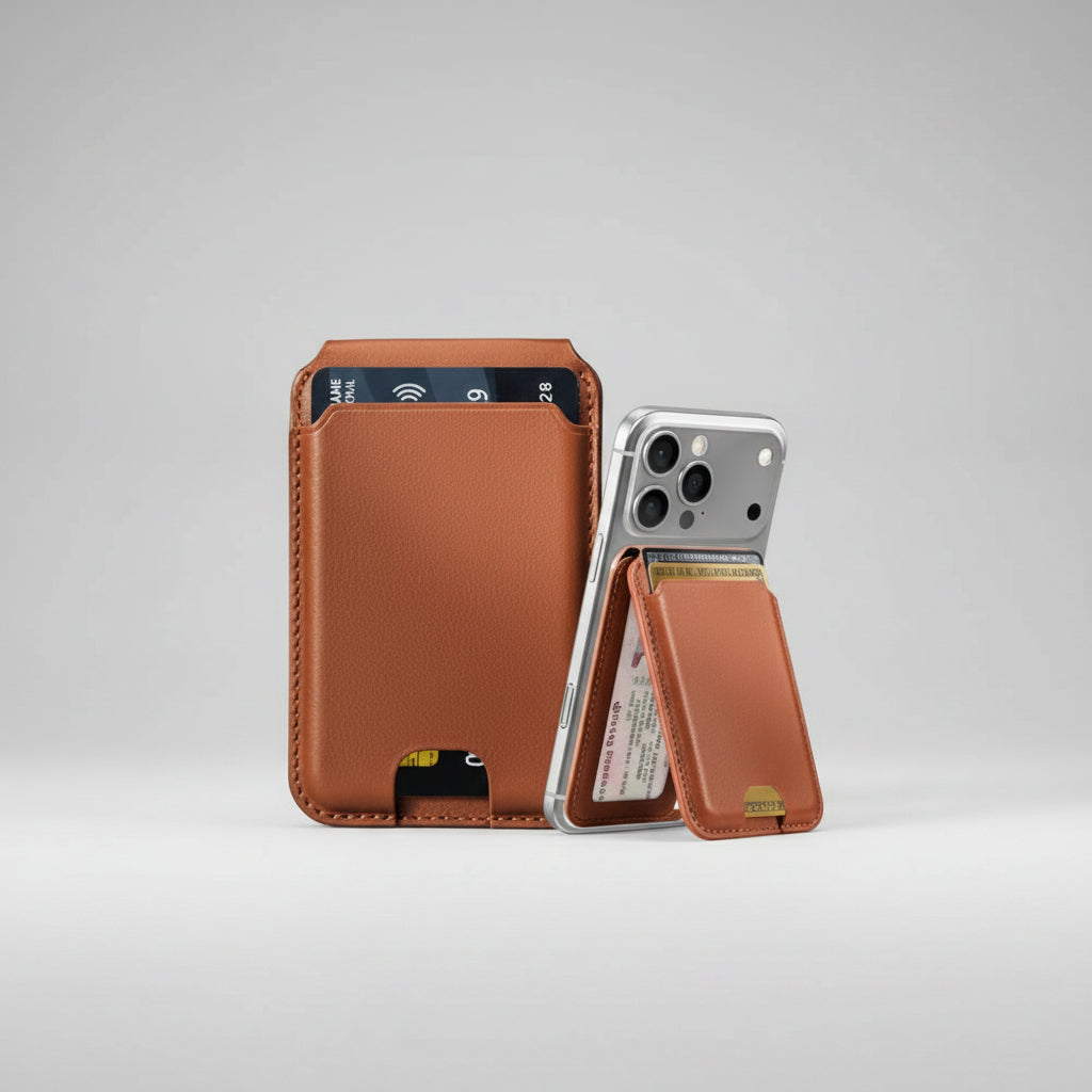 A brown leather card holder wallet case shown open and closed on a white background, with a smartphone inserted into the card slot.