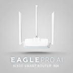 A white multi-antenna wireless router labeled 'EAGLEPRO AI N300 SMART ROUTER R04' on a light blue background.