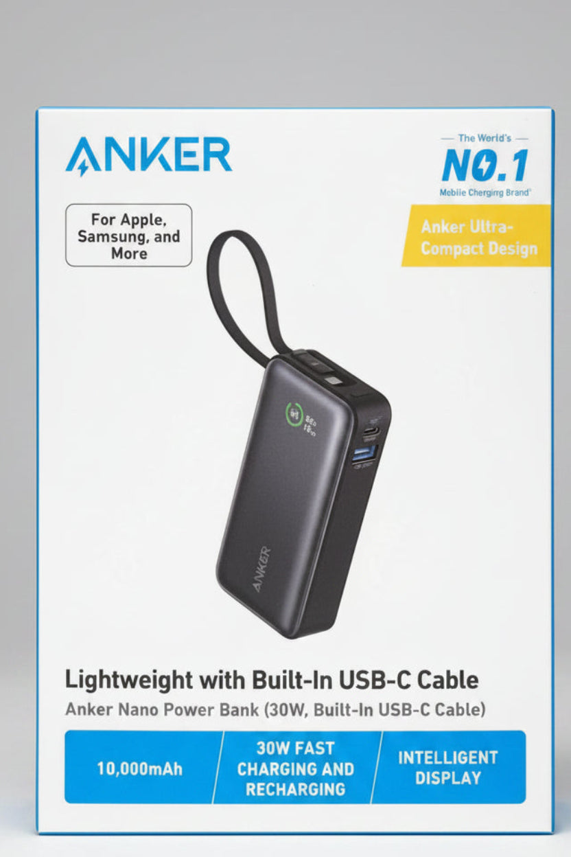 Anker Nano Power Bank 10,000mAh in black, featuring a built-in USB-C cable, shown on a white background with promotional text and blue feature banners.