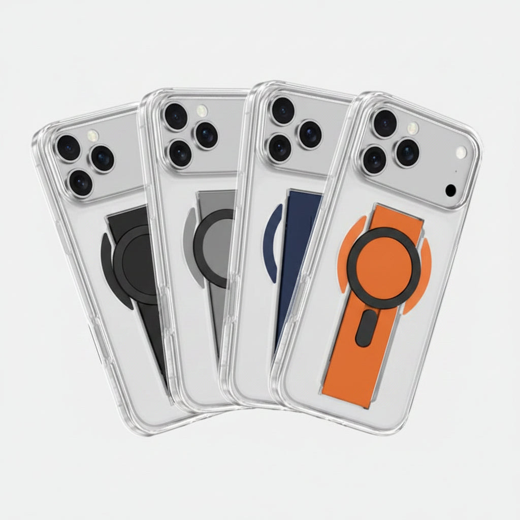 Four clear phone cases with integrated magnetic kickstands in black, gray, navy, and orange, shown in a staggered fan layout on a white background. Main image