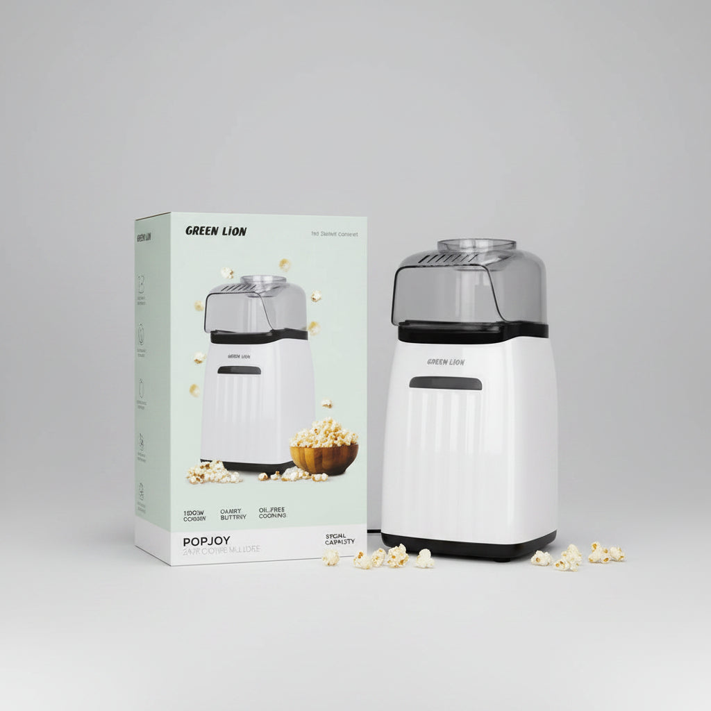A compact popcorn maker shown next to its retail box on a plain white background. The machine is white with a clear top and black base, and the packaging displays the brand name Green Lion and the model name Poploy.