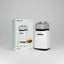 A compact popcorn maker shown next to its retail box on a plain white background. The machine is white with a clear top and black base, and the packaging displays the brand name Green Lion and the model name Poploy.
