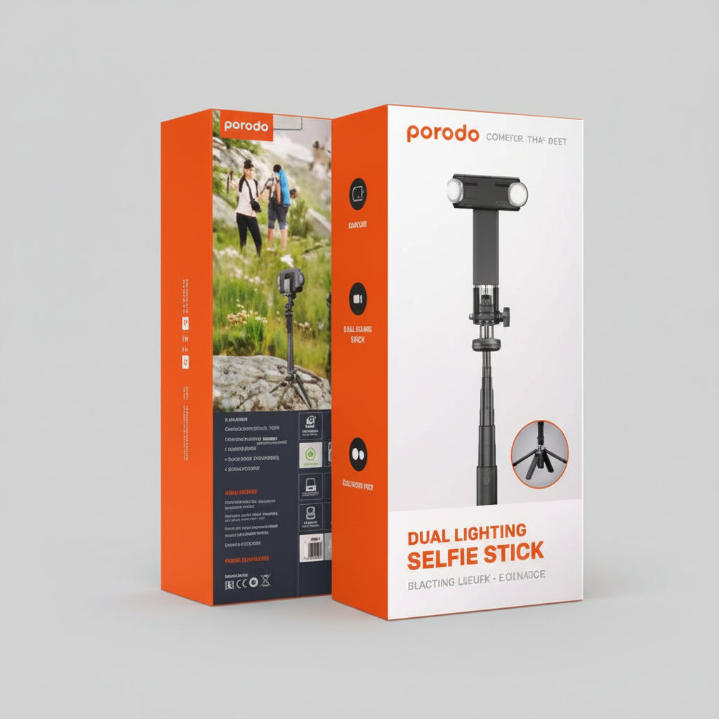 Porodo Dual Lighting Selfie Stick Tripod with Bluetooth Remote & 4-Leg Base