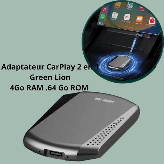 A silver and black CarPlay 2 adapter device with French text overlay 'Adaptateur CarPlay 2 en 1 Green Lion 4Go RAM .64 Go ROM' and a circular inset showing a phone connected to a car dashboard screen.