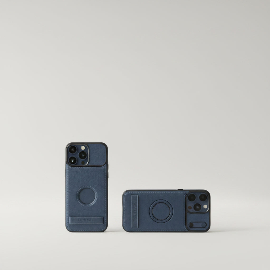Dark blue textured faux-leather phone case shown from multiple angles, including a back view with a card slot and a front view with a built-in ring light.