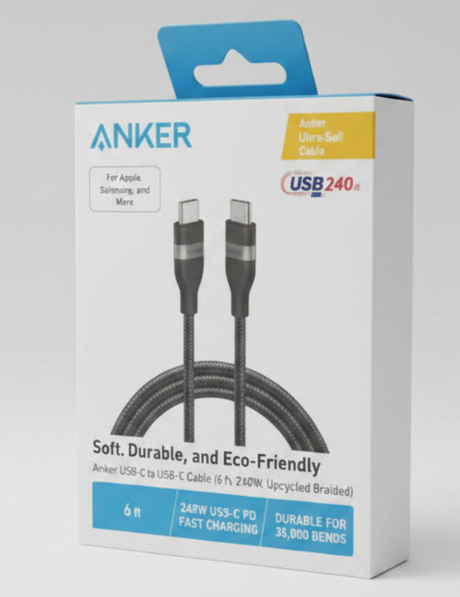 Anker USB 2.0 cable in its original retail packaging, held by a hand.