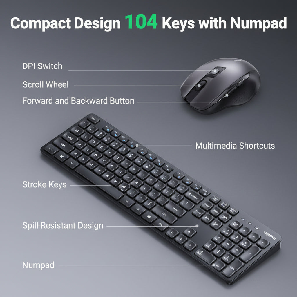 A black wireless keyboard and mouse set with labeled callouts and the text 'Compact Design 104 Keys with Numpad' at the top, shown on a dark blue background. الصورة الرئيسية