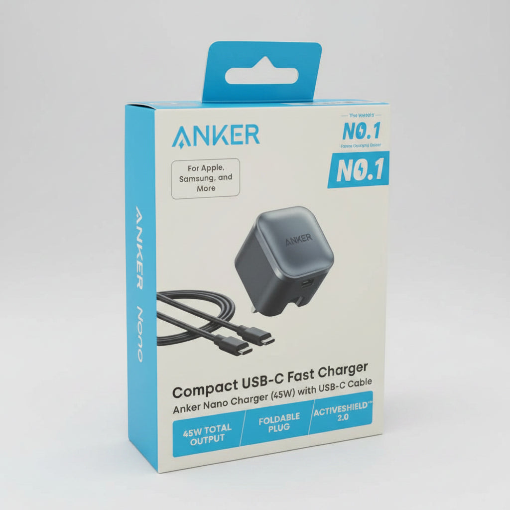 Anker compact USB-C fast charger packaging with blue and white design. الصورة الرئيسية