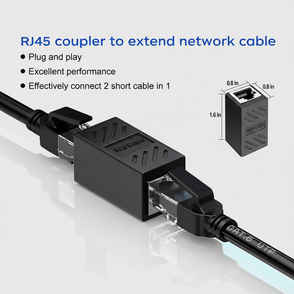 RJ45 coupler network cable extender shown on a white background with text describing its use and a small dimension diagram. The product is black with clear connector details.