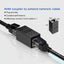 RJ45 coupler network cable extender shown on a white background with text describing its use and a small dimension diagram. The product is black with clear connector details.