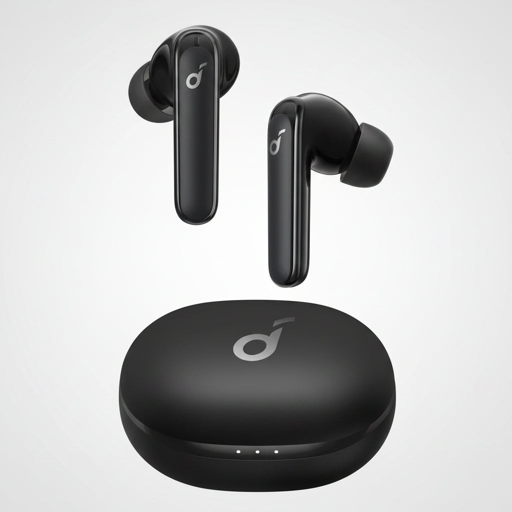 Black true wireless earbuds with a matching charging case, shown on a plain white background. The case has a small silver logo and three indicator lights, and both earbuds have a matching silver logo. الصورة الرئيسية