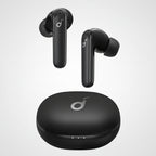 Black true wireless earbuds with a matching charging case, shown on a plain white background. The case has a small silver logo and three indicator lights, and both earbuds have a matching silver logo.