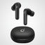 Black true wireless earbuds with a matching charging case, shown on a plain white background. The case has a small silver logo and three indicator lights, and both earbuds have a matching silver logo.