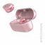 Pink wireless earbuds with charging case on a white background