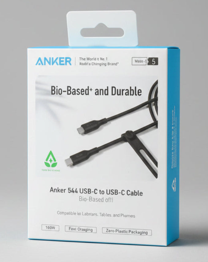 Anker USB-C to USB-C cable in its original white retail packaging, held by a hand. The box features the Anker logo and product details for the Bio-Based and Durable Anker 5A USB-C to USB-C cable. الصورة الرئيسية