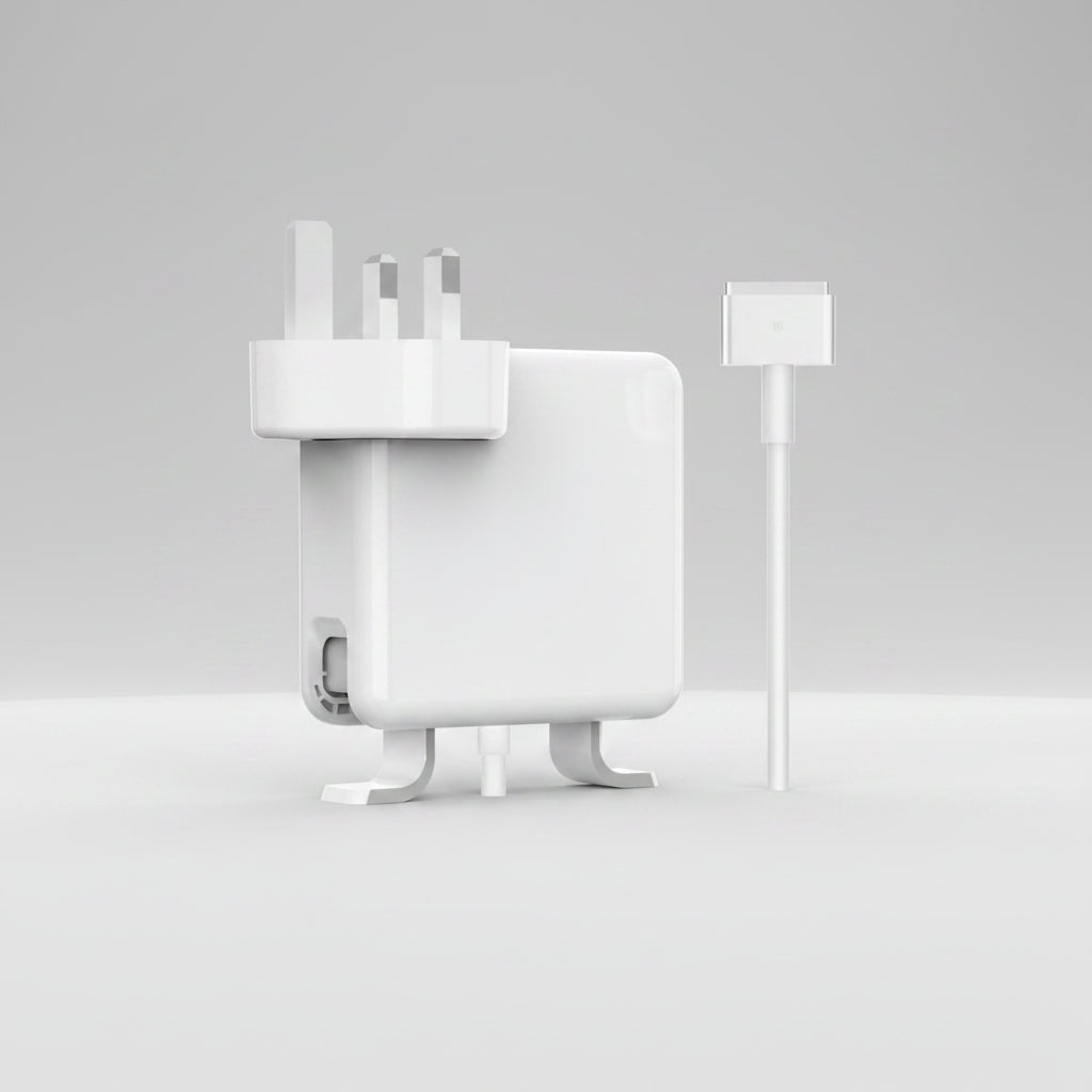 White Apple power adapter with UK three-pin plug and a white cable with a Lightning connector, shown on a plain white background.