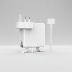 White Apple power adapter with UK three-pin plug and a white cable with a Lightning connector, shown on a plain white background.