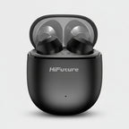 Black wireless earbuds with charging case on a white background, featuring the brand 'HiFuture'.
