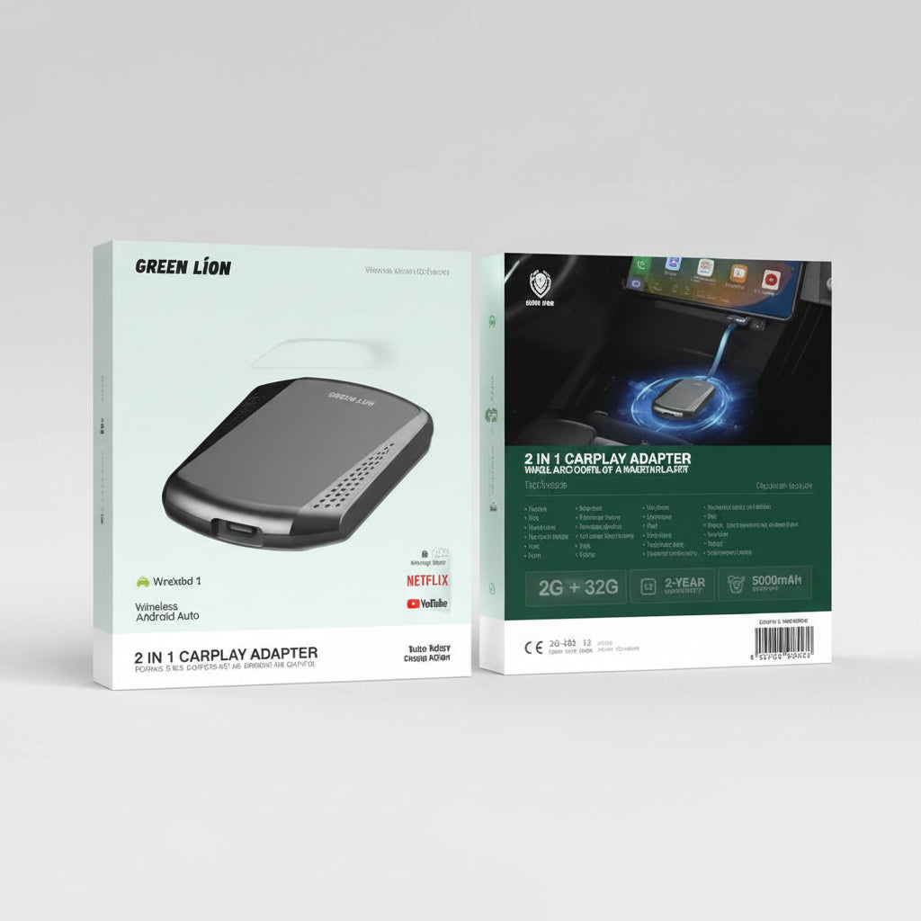 Green Leaf 2-in-1 CarPlay Adapter retail packaging shown from the front and back, featuring a black and gray adapter device on a white background on the left panel and product details on the right panel.