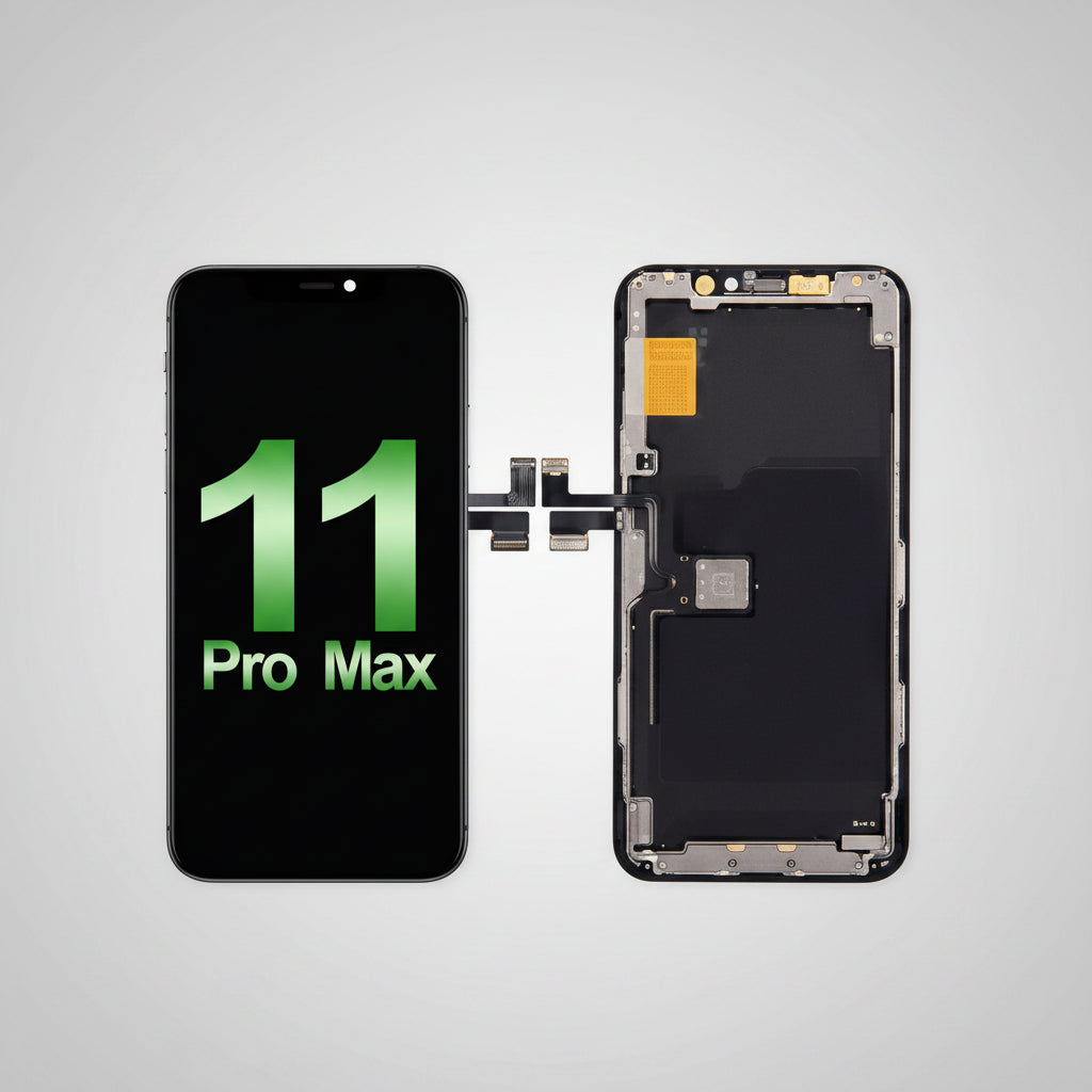 A replacement smartphone screen assembly shown in two views: a black front glass panel with a green '11 Pro Max' display graphic, and a black back glass panel with internal components visible, connected by a black bracket on a white background. الصورة الرئيسية
