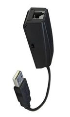 A black USB to Ethernet adapter cable with a USB-A connector on one end and an RJ45 port on the other, isolated on a white background.