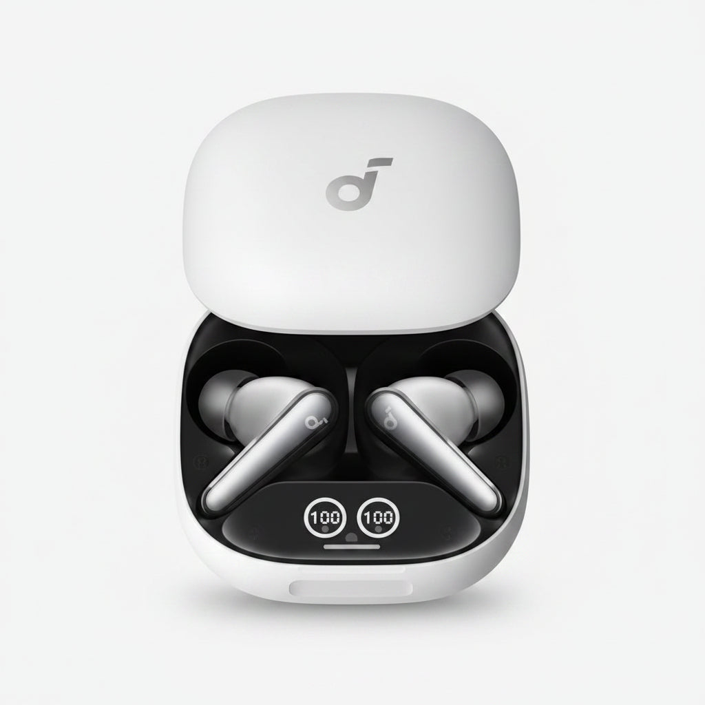 White true wireless earbuds in an open charging case with a white lid, shown on a plain white background. الصورة الرئيسية