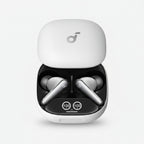 White true wireless earbuds in an open charging case with a white lid, shown on a plain white background.