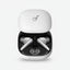 White true wireless earbuds in an open charging case with a white lid, shown on a plain white background.