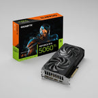 Gigabyte GeForce RTX 5060 Ti graphics card shown next to its retail packaging box on a clean white background.